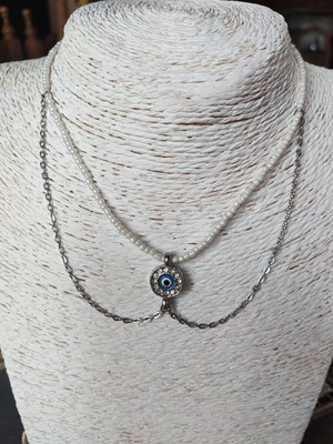 Handmade necklace with white beads and silver chain, like new