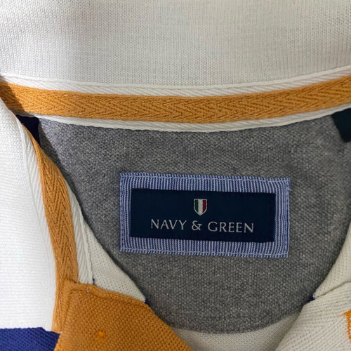 Navy & Green men's polo shirt, medium, striped blue white mustard