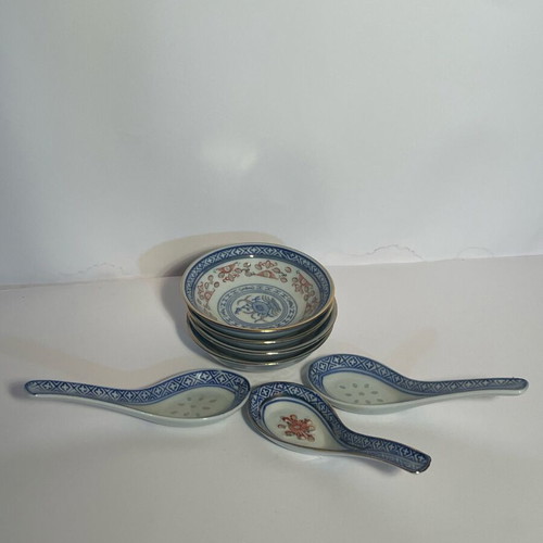 Set of 7 porcelain Chinese plates and spoons like new