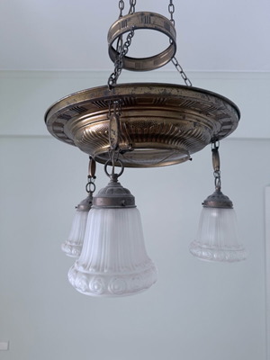 Stage three-light pendant ceiling lamp used, bronze with glass opal shades