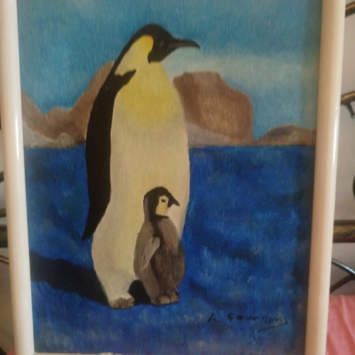 Painting with penguins like new in white wooden frame