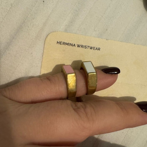 Hermina Athens chevalier rings new with white and pink enamel, set of 2