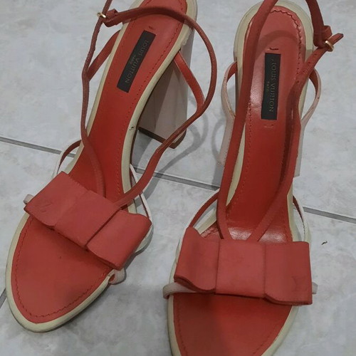 Louis Vuitton women's sandals used with thick 12 cm heel red pink
