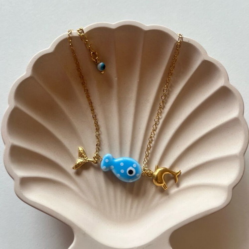 Anklet new stainless steel with turquoise ceramic fish and gold accents