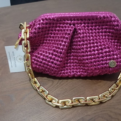 Miss Polyplexi handmade shoulder bag new, metallic fuchsia with gold chain