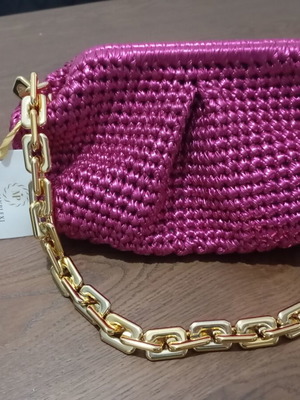 Miss Polyplexi handmade shoulder bag new, metallic fuchsia with gold chain