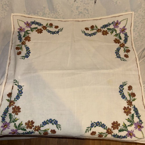 Vintage handmade tablecloth 68x67 cm with colorful floral cross-stitch embroidery