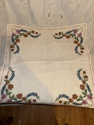 Vintage handmade tablecloth 68x67 cm with colorful floral cross-stitch embroidery