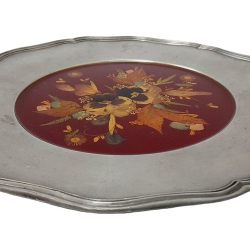Decorative Pewter Plate with Real Dried Flowers under Resin, 30.5 cm, 1960s