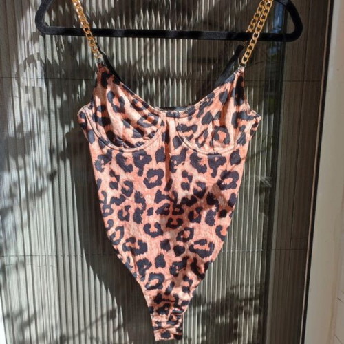 Leopard Print Bodysuit with Gold Chain, One Size, like new