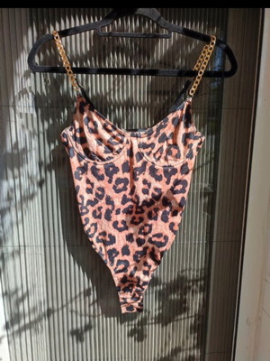 Leopard Print Bodysuit with Gold Chain, One Size, like new