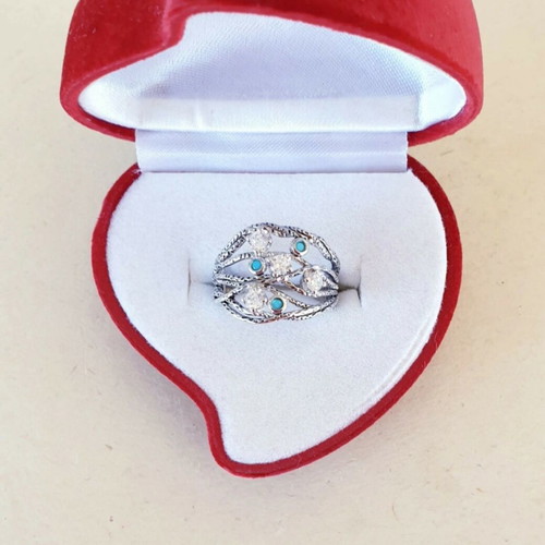925 Silver Solid Ring Vintage 70ies with Turquoise and Cubic Zircon Like New