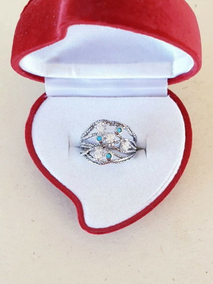 925 Silver Solid Ring Vintage 70ies with Turquoise and Cubic Zircon Like New