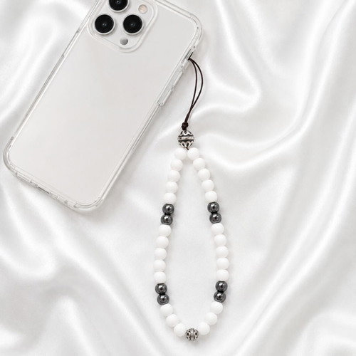 Handmade mobile wrist strap with white mineral glass and hematite ZP-005
