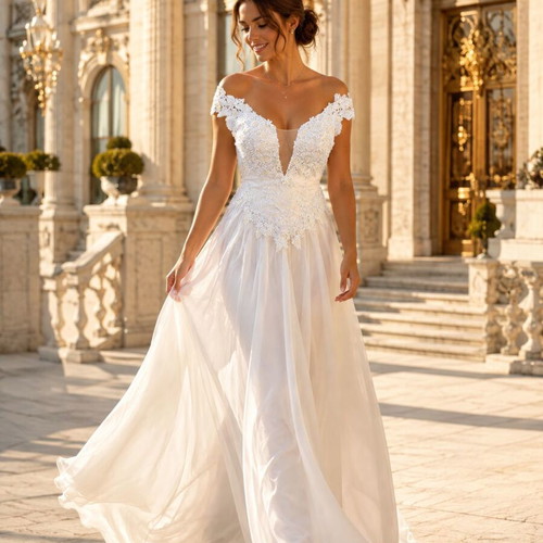 Wedding dress with 3D lace and airy skirt, like new, white, size L