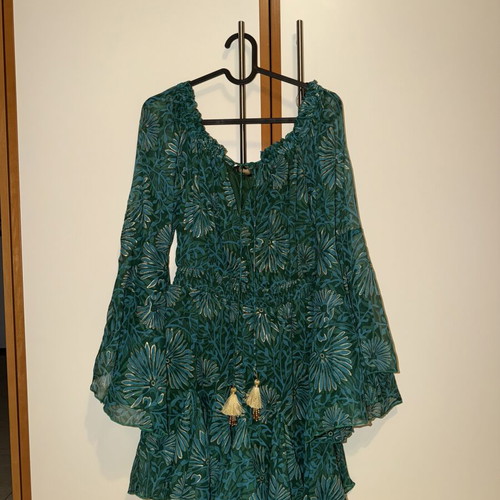 Lynne printed off-shoulder shorts jumpsuit with bell sleeves, green