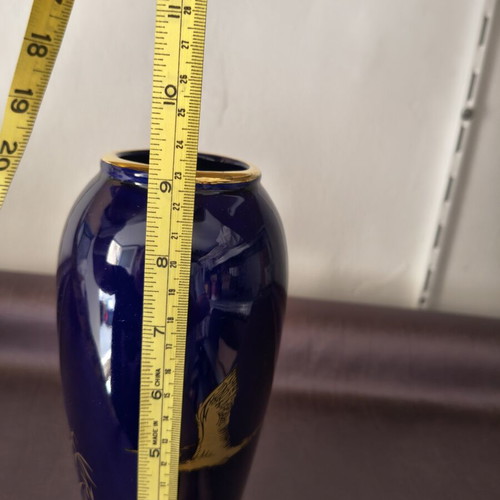 Ceramic vase cobalt blue with gold details