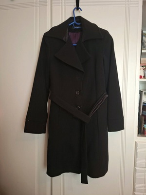 Black coat new with satin details on collar and belt