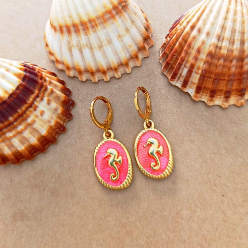 Seahorse dangle earrings new, gold tone with coral enamel