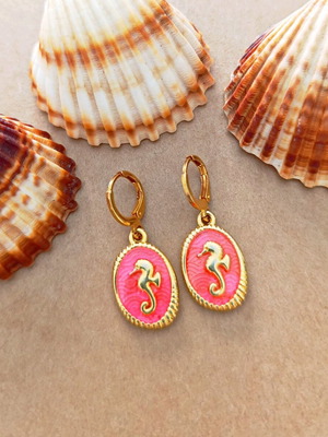 Seahorse dangle earrings new, gold tone with coral enamel