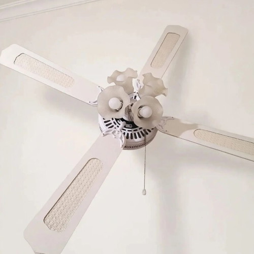 Ceiling fan with light used, 4 blades white flower design