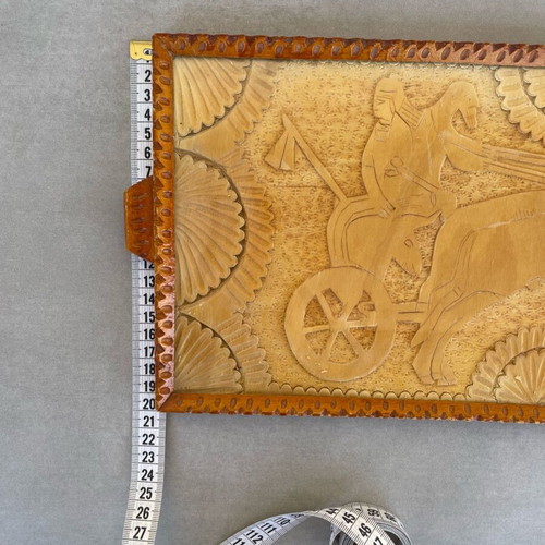 Handmade wooden tray used with ancient chariot scene