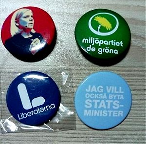4 συλλεκτικές καρφίτσες πολιτικών κομμάτων από τις Σουηδικές εκλογές του 2022 + δώρο