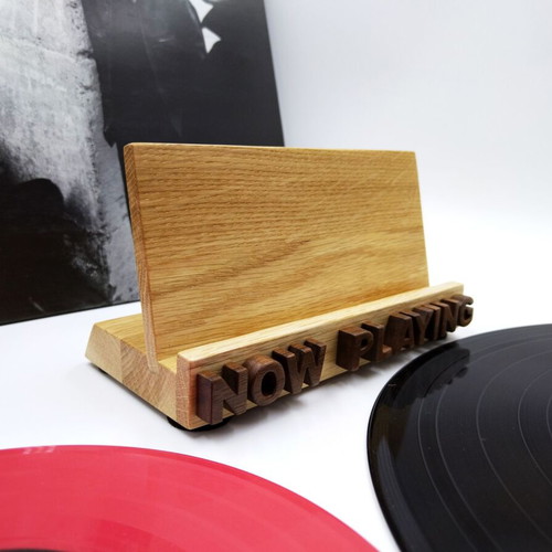 Wooden Now Playing vinyl record stand, handmade oak and walnut