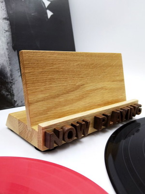 Wooden Now Playing vinyl record stand, handmade oak and walnut