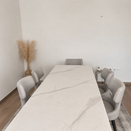 Modern dining set with ceramic top and solid wood, like new