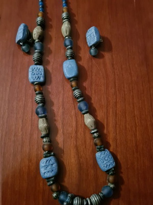 Jewelry set necklace with earrings new in blue and gray shades