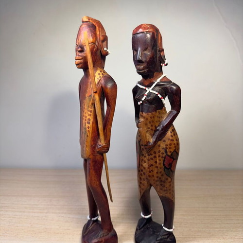 Handmade Maasai couple used, vintage art figures from Kenya 30 cm