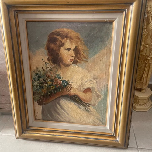 Canvas painting girl with flowers used, very old