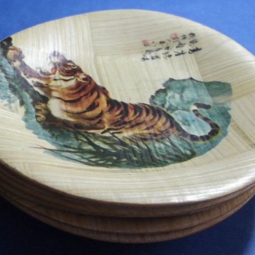 Bamboo coasters used, set of 6, hand-painted vintage from Taiwan