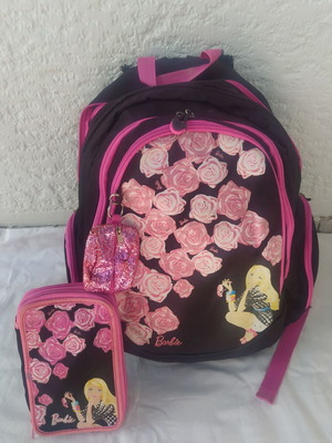 Barbie backpack used with pencil case and keychain wallet