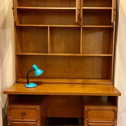 Desk with bookshelf used, chipboard with wood veneer