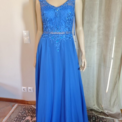 Long blue evening dress with embroidered lace bust and V back