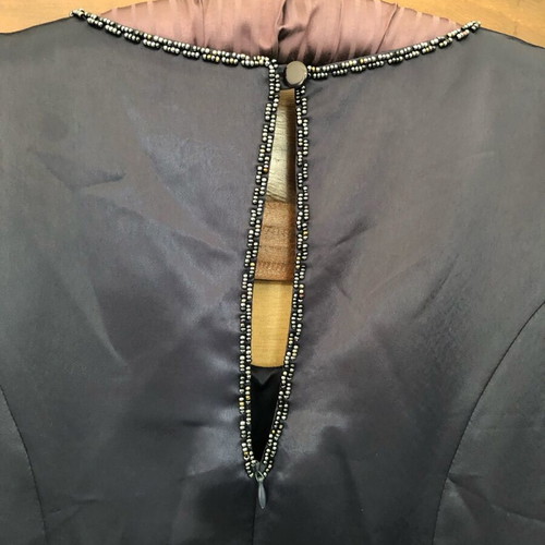 Vintage Pharmakis evening dress like new, dark blue satin with embroidery