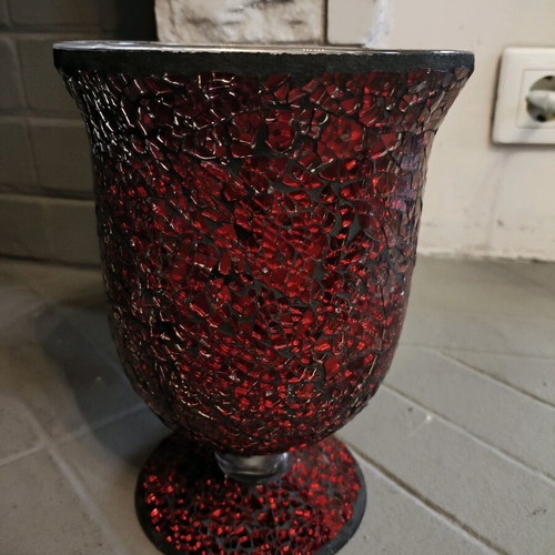 Decorative vase/candle holder with red mosaic glass like new