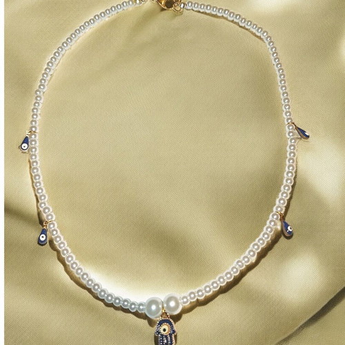 Handmade Hamsa hand necklace with evil eyes and white pearls new