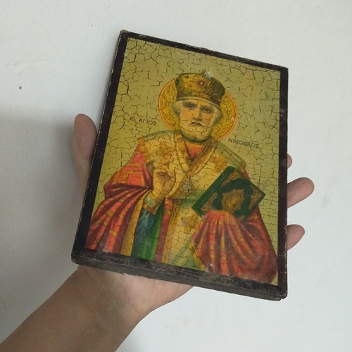 Wooden Saint Nicholas Icon used, vintage style with crackle effect