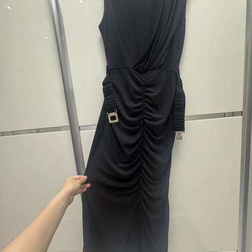 Black midi dress size S with ruching and elastic fabric, like new