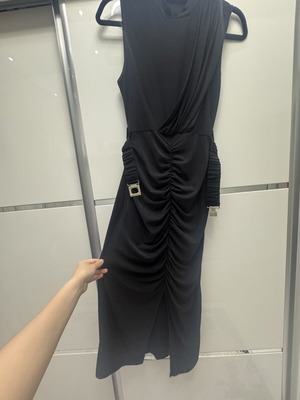 Black midi dress size S with ruching and elastic fabric, like new