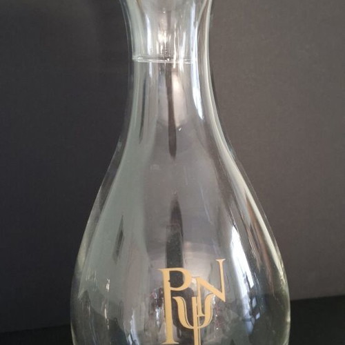 Glass wine carafe with glass stopper and gold monogram, like new
