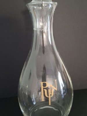 Glass wine carafe with glass stopper and gold monogram, like new
