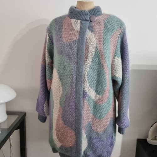 Sergio Di Laurenti vintage 80s/90s μπουφάν ζακέτα μοχέρ oversized, παστέλ γεωμετρικό πλέξιμο, μέγεθος L