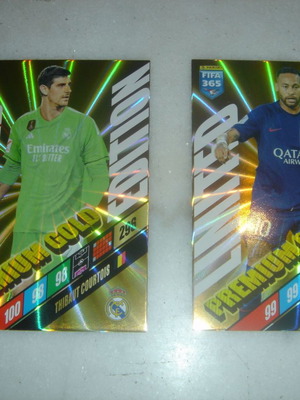 Κάρτες Panini FIFA 365 2024 Premium Gold καινούργιες, Thibaut Courtois και Neymar Jr