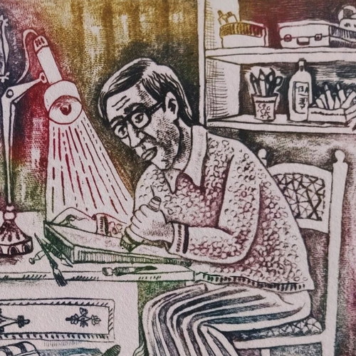 Humorous drawing new, graphic artist with cat