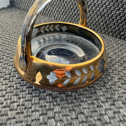 Bohemian amber glass basket used with gold encrusted floral decoration