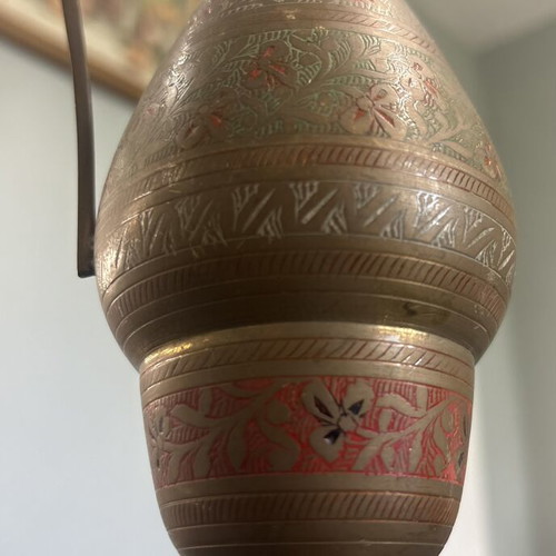 Vintage Hand Engraved Brass Vase with Colored Enamel from India like new